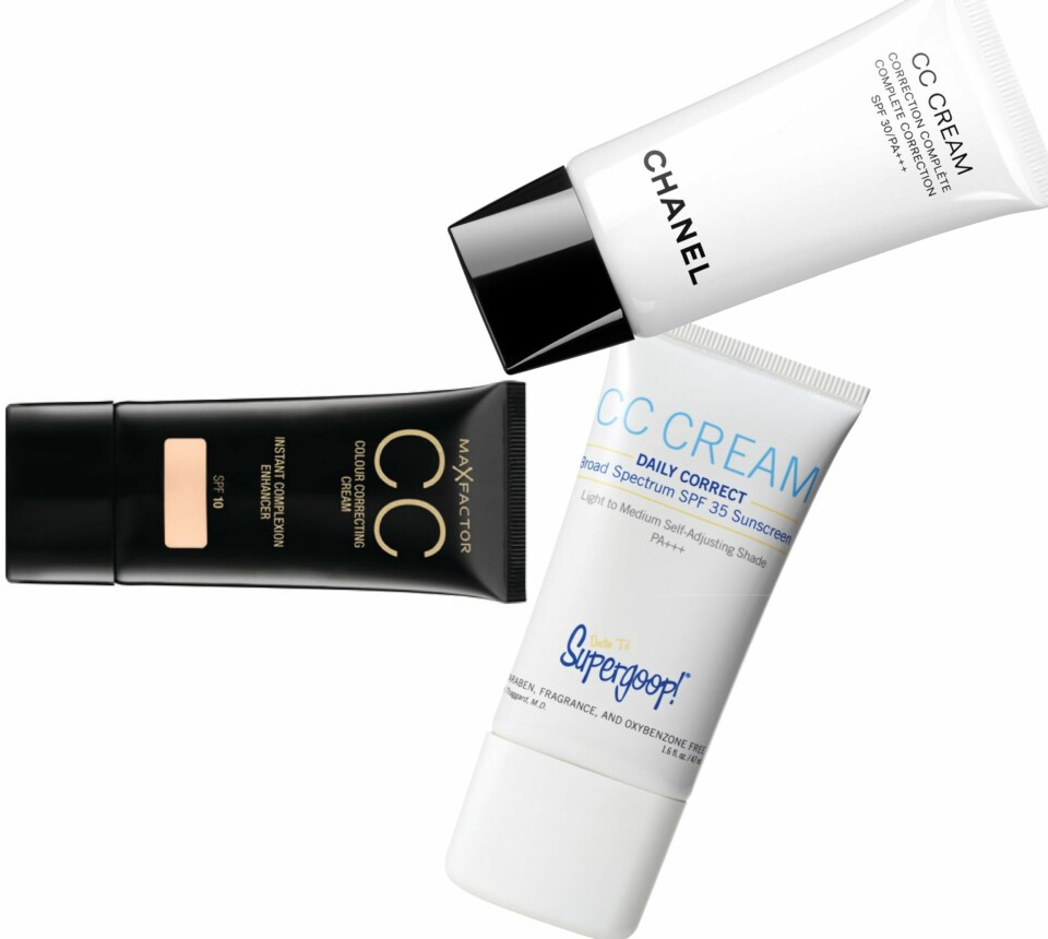 CC-CREAM: Fra venstre: CC Cream fra Max Factor, kr 159. Complete Corrector Creme fra Chanel, kr 585. Daily Correct CC Cream fra Supergoop/heavenscent.no, kr 260.