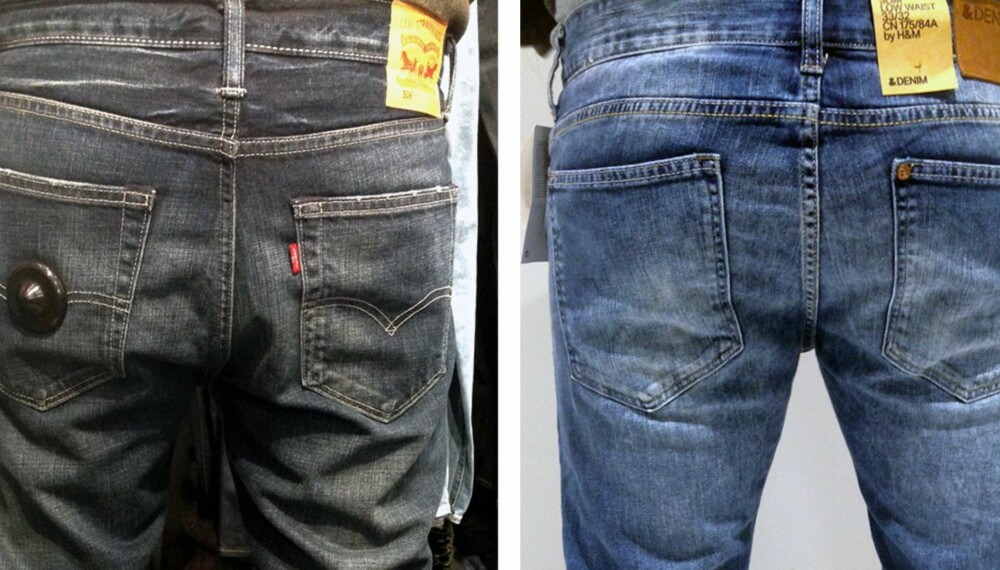 JEANS TIL GUTTA: Vi har gått fra butikk til butikk og testet høstens jeans for deg. Hvilken er for eksempel med på å gi rumpa di et aldri så lite løft? Her ser vi jeans fra Levi's (til venstre) og H&M (til høyre). Dette er samme bakdel, men i ulike jeansmodeller. Hvilken ville du gått for?