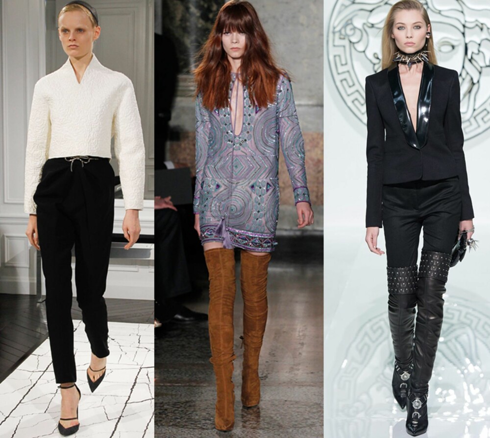FRA CATWALKEN: Til venstre: Balenciaga med de spisse, feminine pumpsene med tynn ankelrem. I midten: Emilio Pucci med de høytskaftede støvlettene. Til høyre: Versace går for en mer rocka variant av de samme, lårhøye støvlettene.