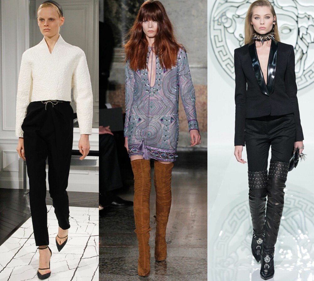 FRA CATWALKEN: Til venstre: Balenciaga med de spisse, feminine pumpsene med tynn ankelrem. I midten: Emilio Pucci med de høytskaftede støvlettene. Til høyre: Versace går for en mer rocka variant av de samme, lårhøye støvlettene. FRA CATWALKEN: Til venstre: Balenciaga med de spisse, feminine pumpsene med tynn ankelrem. I midten: Emilio Pucci med de høytskaftede støvlettene. Til høyre: Versace går for en mer rocka variant av de samme, lårhøye støvlettene.