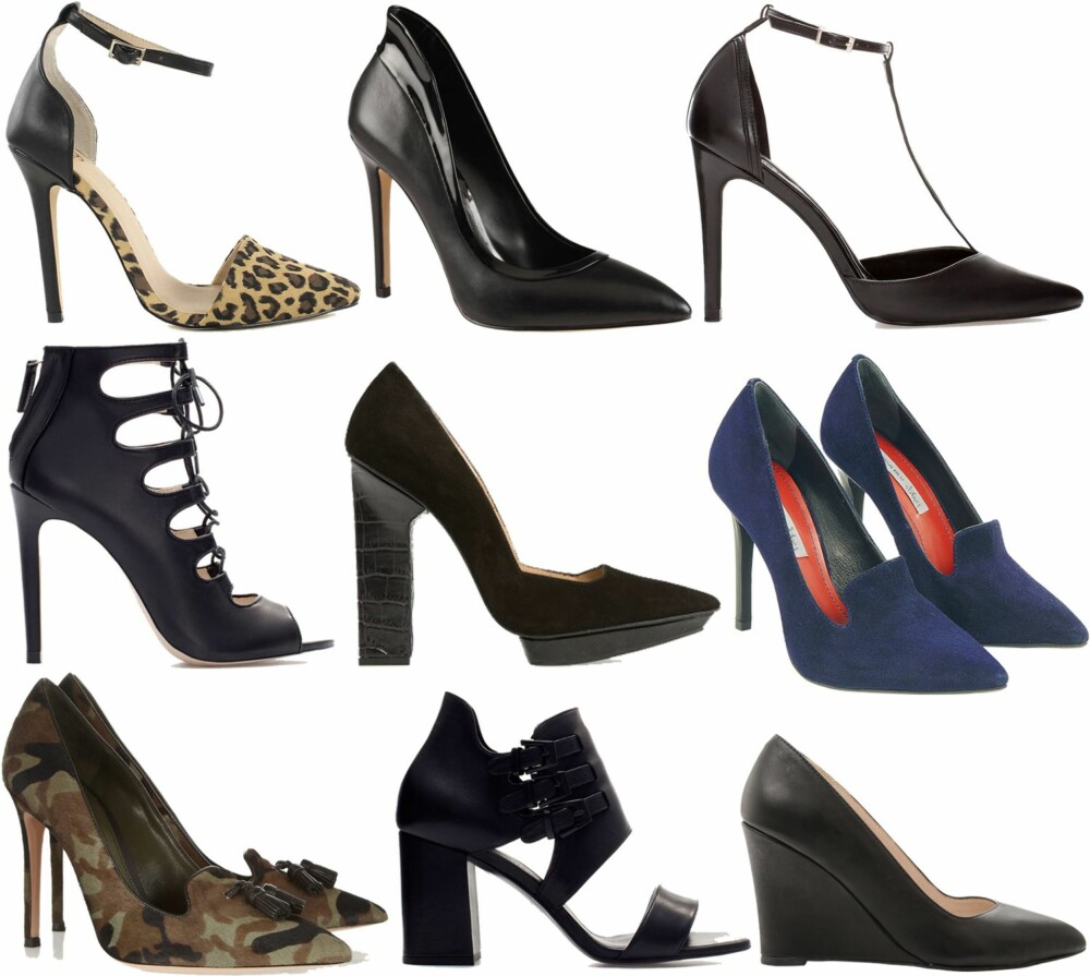 PUMPS: Øverst fra venstre: 1. Nelly, kr 349. 2. Aldo, kr 999. 3. Zara, kr 599. 4. Zara, kr 679. 5. Mango, kr 899. 6. Tosca Blu, kr 1399. 7. Gianvito Rossi/Net-a-porter, kr 5200. 8. Zara, kr 799. 9. Bianco, kr 799.