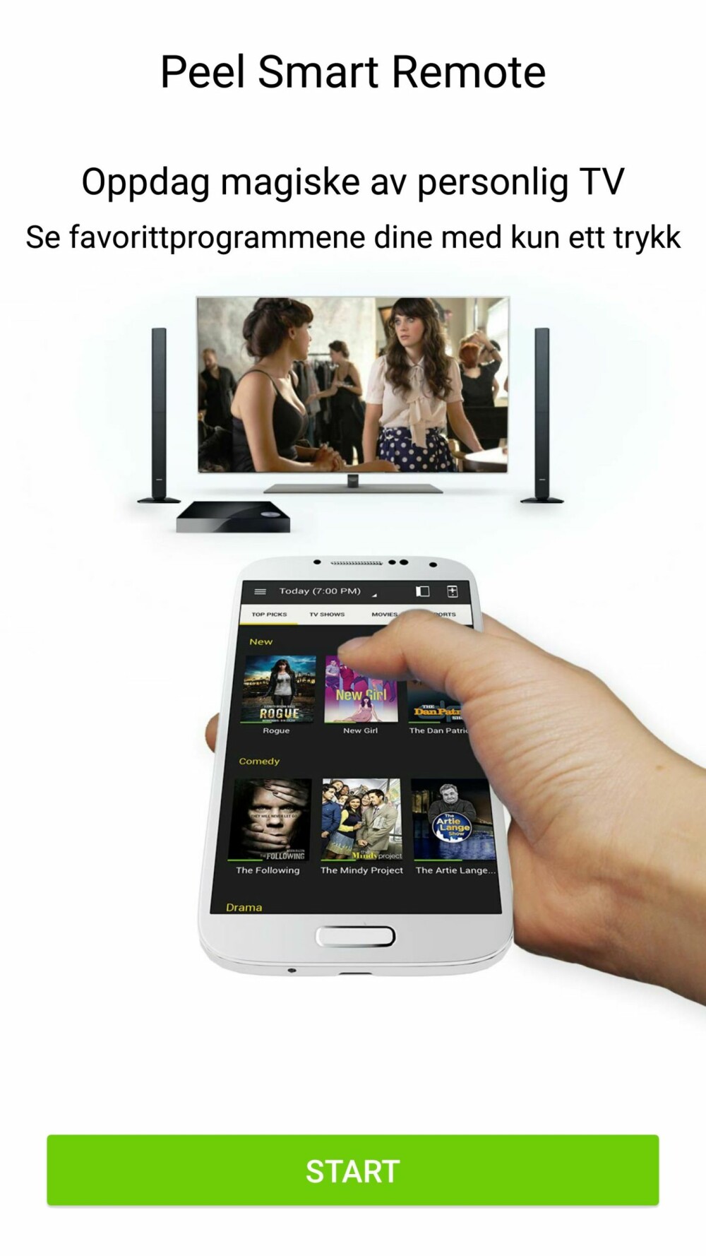 FJERNKONTROLL: Galaxy S6 Edge har en innebygd IR-sender og med appen Peel Smart Remote, kan du bruke telefonen som en ekstra fjernkontroll til TV-en.