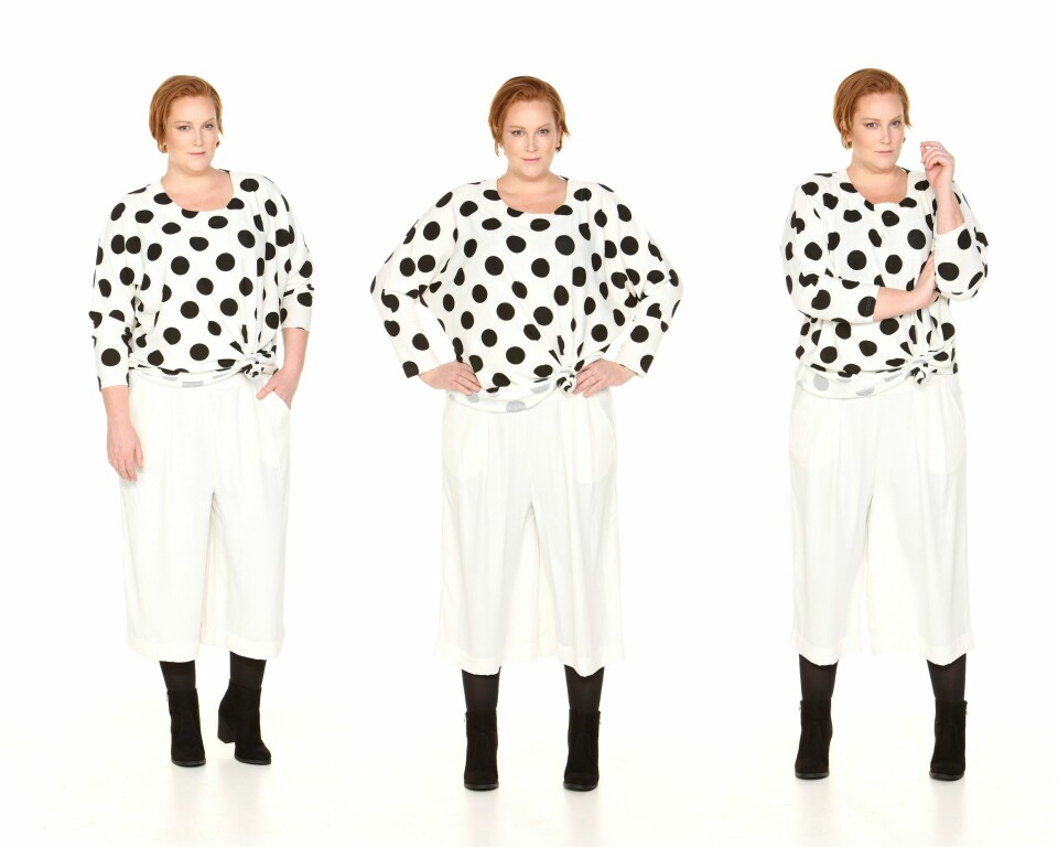 POLKADOTT: Genser fra Zizzi, kr 499. Culottes fra Lindex Generous, kr 349. Ring fra Zizzi, kr 149. Boots fra H&M, kr 299.