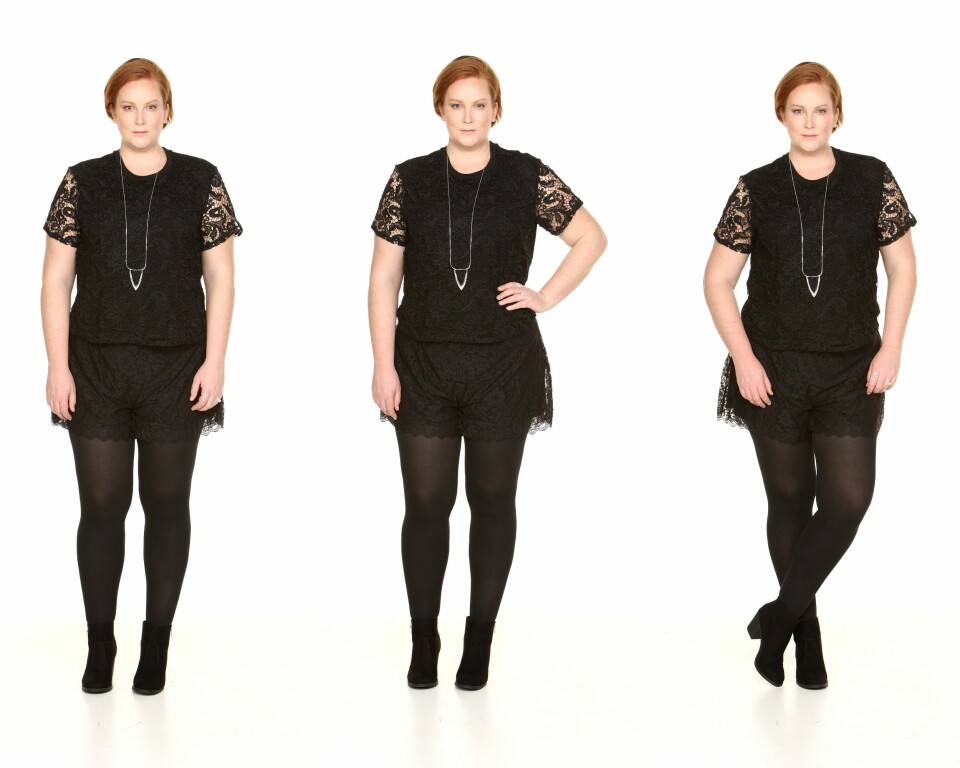 BLONDER: Topp fra H&M+, kr 299. Shorts fra H&M+, kr 299. Boots fra H&M+, kr 299.
