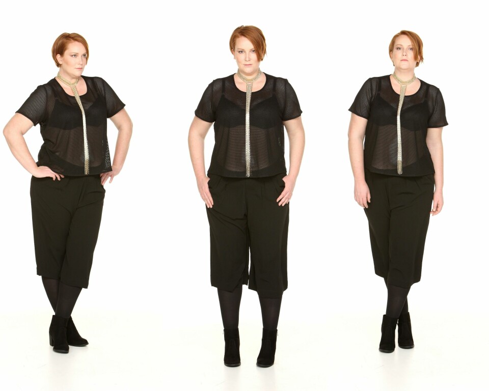 NY SPORTY: Mesh-topp fra Zizzi, kr 299. Culottes fra Lindex Generous, kr 349. Smykke fra H&M, kr 249. Boots fra H&M, kr 299.