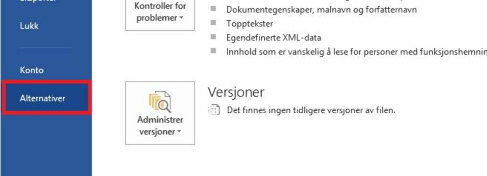INNSTILLINGER: Korrekturinnstillingene i Word finner du ved å klikke på «Fil», og velge «Alternativer» helt nederst i venstremenyen. Velg deretter «Korrektur» i venstremargen i det nye vinduet.