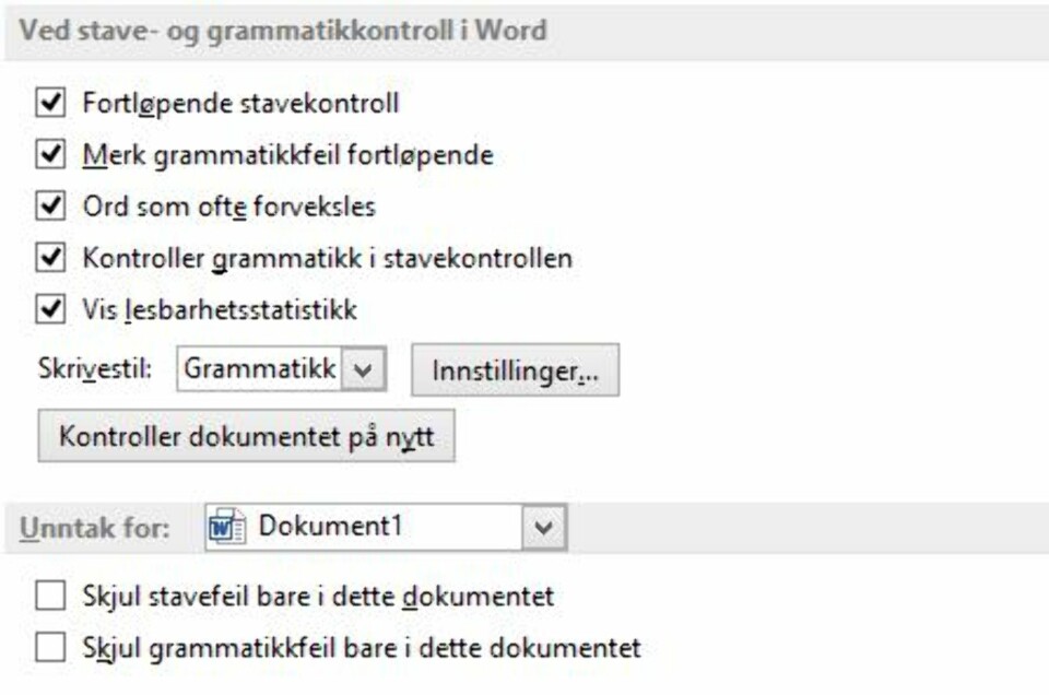 MANUELL KORREKTUR: Hvis du ønsker å kjøre stavekontrollen manuelt (med F7) i stedet for at ord med feil fortløpende merkes med røde og blå stiplede linjer i teksten, så kan du ta bort haken for «fortløpende stavekontroll» og «merk gramatikkfeil fortløpende» under «Ved stave- og gramatikkontroll i Word».
