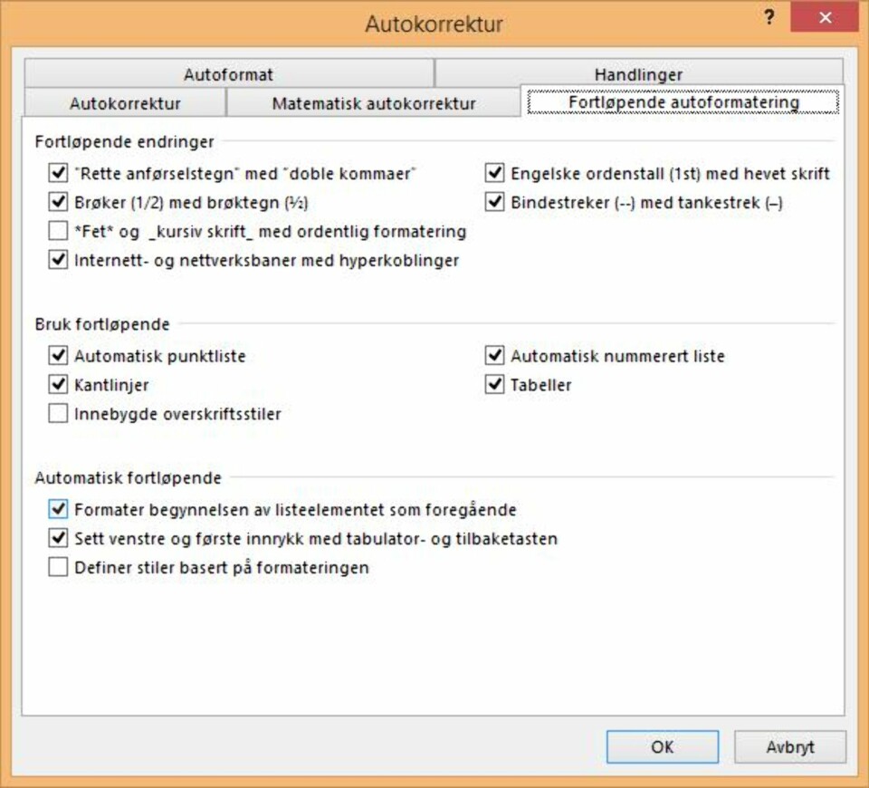 FORTLØPENDE: I arkfanen «Fortløpende autoformatering» finner du blant annet den funksjonen som gjør at word automatisk lager linker når du skriver inn en nettadresse («Internett- og nettverksbaner med hyperkoblinger»). Det er også her du fjerner en hake, dersom du ønsker å beholde de ordinære anførselstegnene («Rette anførselstegn med doble kommaer») eller ikke vil ha automatiske lister.