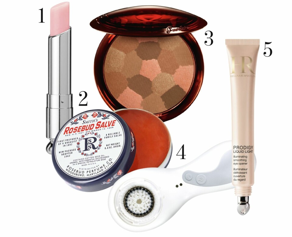 ANETTES FAVORITTER: 1. Lip glow addict fra Dior, kr 360,- 2. Smith's Rosebud Salve, kr 98,- 3. Terracotta bronzing powder fra Guerlain, kr 450,- 4. Clarisonic rensebørste, kr 1890,-