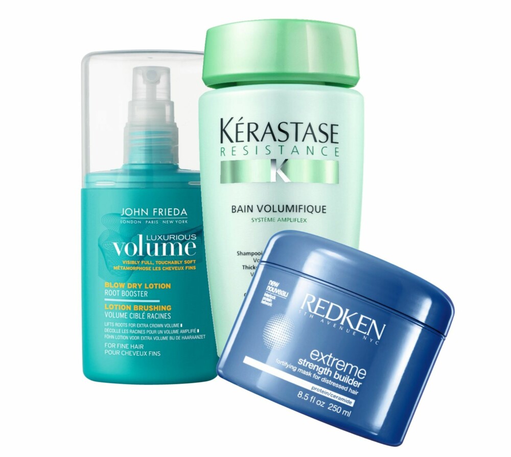 TYNT OG LIVLØST HÅR: Fra venstre: Rotløfteren Luxurious Volume Root Booster fra John Frieda, kr 105. Sjampo for fint hår, Bain Volumifique, fra Kérastase, kr 245.Hårkuren Extreme Strength Builder fra Redken, kr 415.