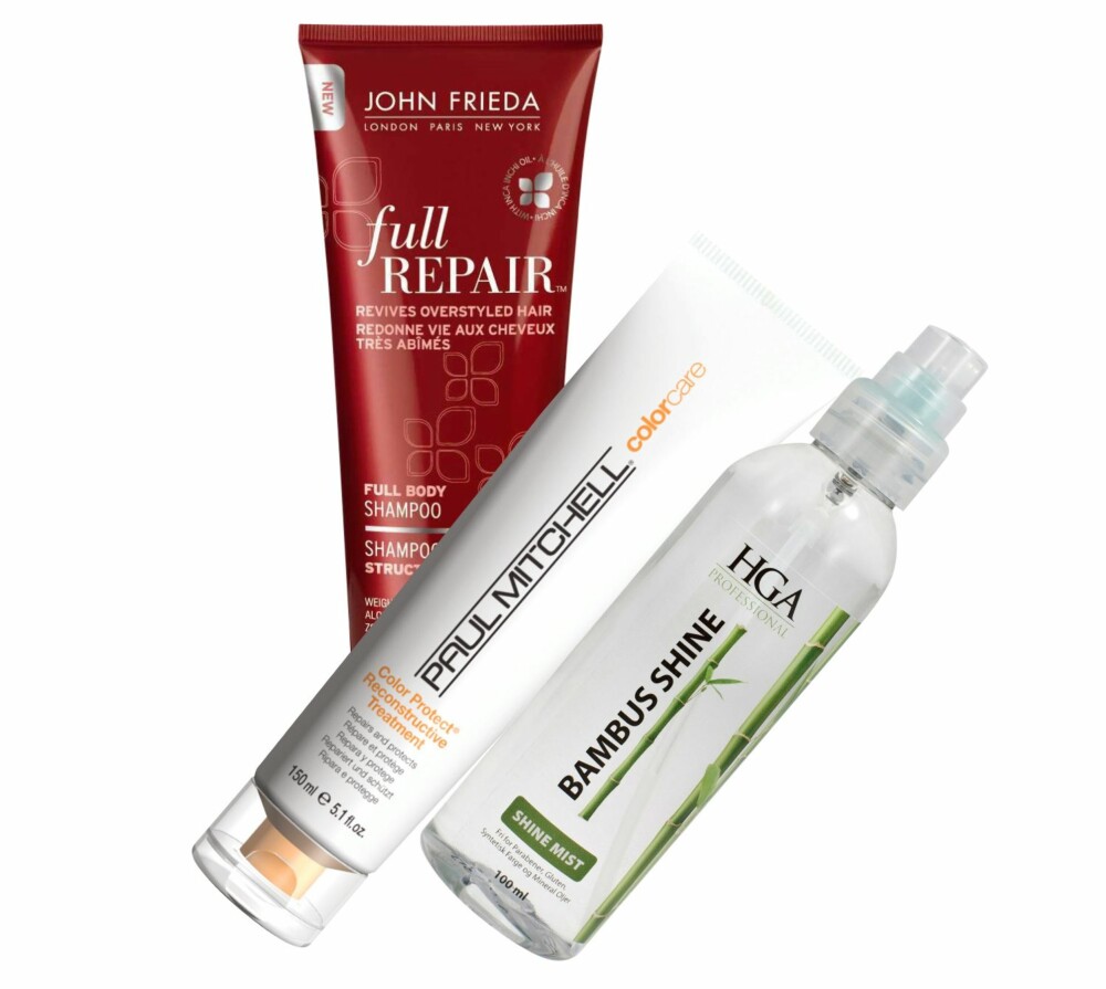 FARGET HÅR: Fra venstre: Beskyttende sjampo, Full Repair, fra John Frieda, kr 119.Reparerende kur, Color Protect Reconstructive Treatment, fra Paul Mitchell, kr 289. Glanssprayen Shine Mist fra Bambus Shine/HGA-gruppen, kr 109.