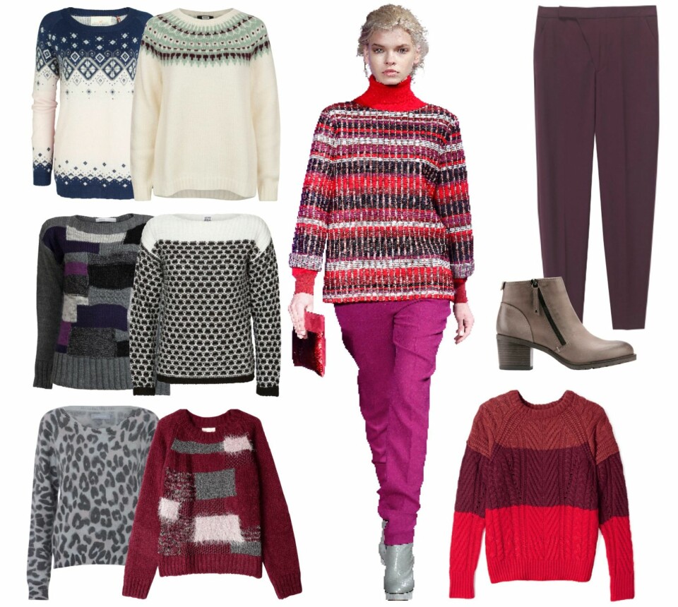 MØNSTERSTRIKK: Øverst fra venstre: Lindex, kr 399. Bik Bok, kr 349. Skovhuus, kr 999. Vero Moda, kr 180. Samsøe Samsøe, kr 899. Ganni/www.my-wardrobe.com, kr 1695. Stylingtips til høyre: Bukse fra Filippa K, kr 1100. Sko fra Eurosko, kr 899. Genser fra Marc by Marc Jacobs/www.my-wardrobe.com, kr 1835. Catwalk-look: Matthew Williamson