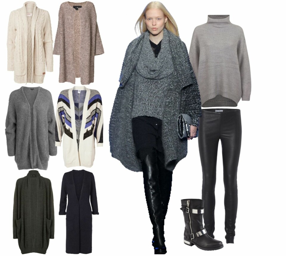 LANGE JAKKER: Øverst fra venstre: Kremfarget fra MQ, kr 799. Beige fra By Malene Birger, kr 3499. Grå fra Lindex, kr 399. I mønster fra Vero Moda, kr 350. Grå fra Whiite, kr 1699. Mørkeblå fra MQ, kr 799. Stylingtips til høyre: Grå fra Bik Bok, kr 299. Bukse fra Samsøe Samsøe, kr 4499. Boots fra Aldo, kr 1599. Catwalk-look: DKNY.