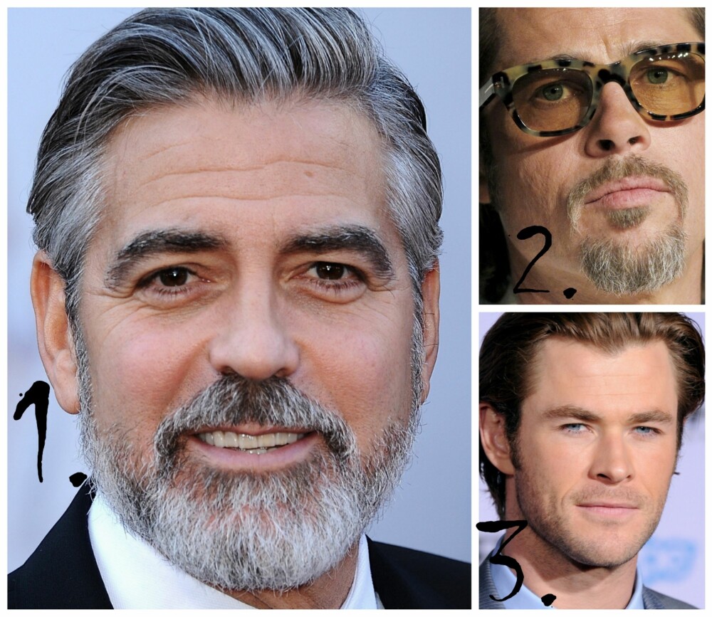 DE VANLIGSTE: 1. Fullt skjegg som George Clooney får vokse mer eller mindre naturlig, kun hals og kinn blir barbert og lengden trimmet. 2. Flippskjegg som Brad Pitt har fokus på haka, men kan også kombineres med bart eller liten hestesko. 3. Tre dagers-skjegget, som Chris Hemsworth, ligger på samme steder som fullt skjegg, men i en kortere form, og kan også fokusere ekstra på barten. For noen tar den én dag å gro, for andre en uke - men poenget er at den skal se tilfeldig, men groomet ut.