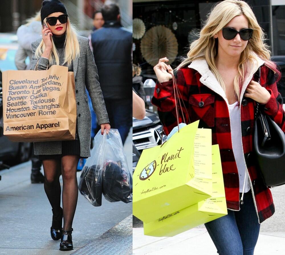 PÅ SHOPPING: Det er flere som bærer tungt nå mot julen. Til venstre: Rita Ora ute på en skikkelig shoppingrunde. Til høyre: Ashley Tisdale bærer ikke akkurat lett hun heller. Mon tro om hun har noen bomkjøp i posene...