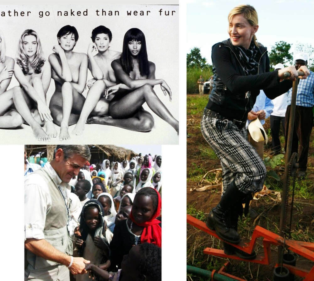 EKTE? Øverst til venstre: Heller naken enn med pels, mente Naomi Campbell i 1997. Det varte ikke så lenge. Nederst til venstre: George Clooney er spesielt opptatt av krisen i Darfur i Sudan. Til høyre: Madonna hjelper til med jordbruk i Malawi. Iallfall så lenge kamera går.