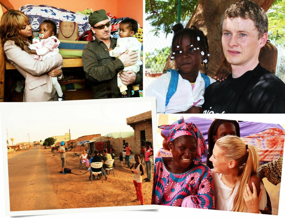 SMIL: Øverst til venstre: Beyoncé og Bono besøker aidssyke barn i Sør-Afrika i 2003. Bono er kjent for sitt engasjement for u-land. Nederst til venstre: Vibeke Klemetsen intervjues om sine inntrykk den andre morgenen i Mauritania. Øverst til høyre: Ole Gunnar Solskjær er UNICEF-ambassadør. Nederst til høyre: - I disse situasjonene følte jeg meg ikke som en inntrenger, men som en mamma, akkurat som dem, sier Vibeke Klemetsen.