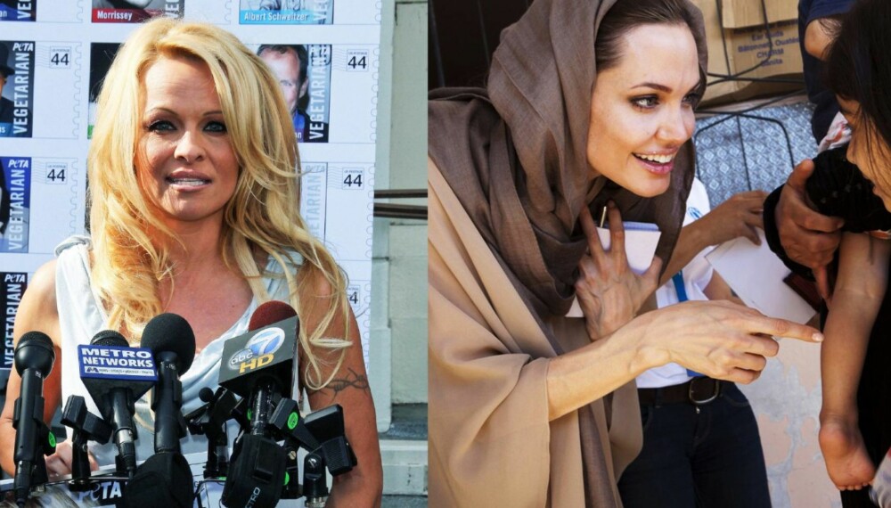 KJENDISEFFEKTEN: Det mangler ikke på kjendiser som stiller opp for en god sak. Men hjelper det - sånn egentlig? Til venstre: Pamela Anderson gjør seg tanker om hvorvidt engasjementet hennes virkelig er til nytte. Til høyre: Angelina Jolie besøker en flyktningleir i Irak i 2005. Angelina har vist årelangt engasjement for flyktninger.