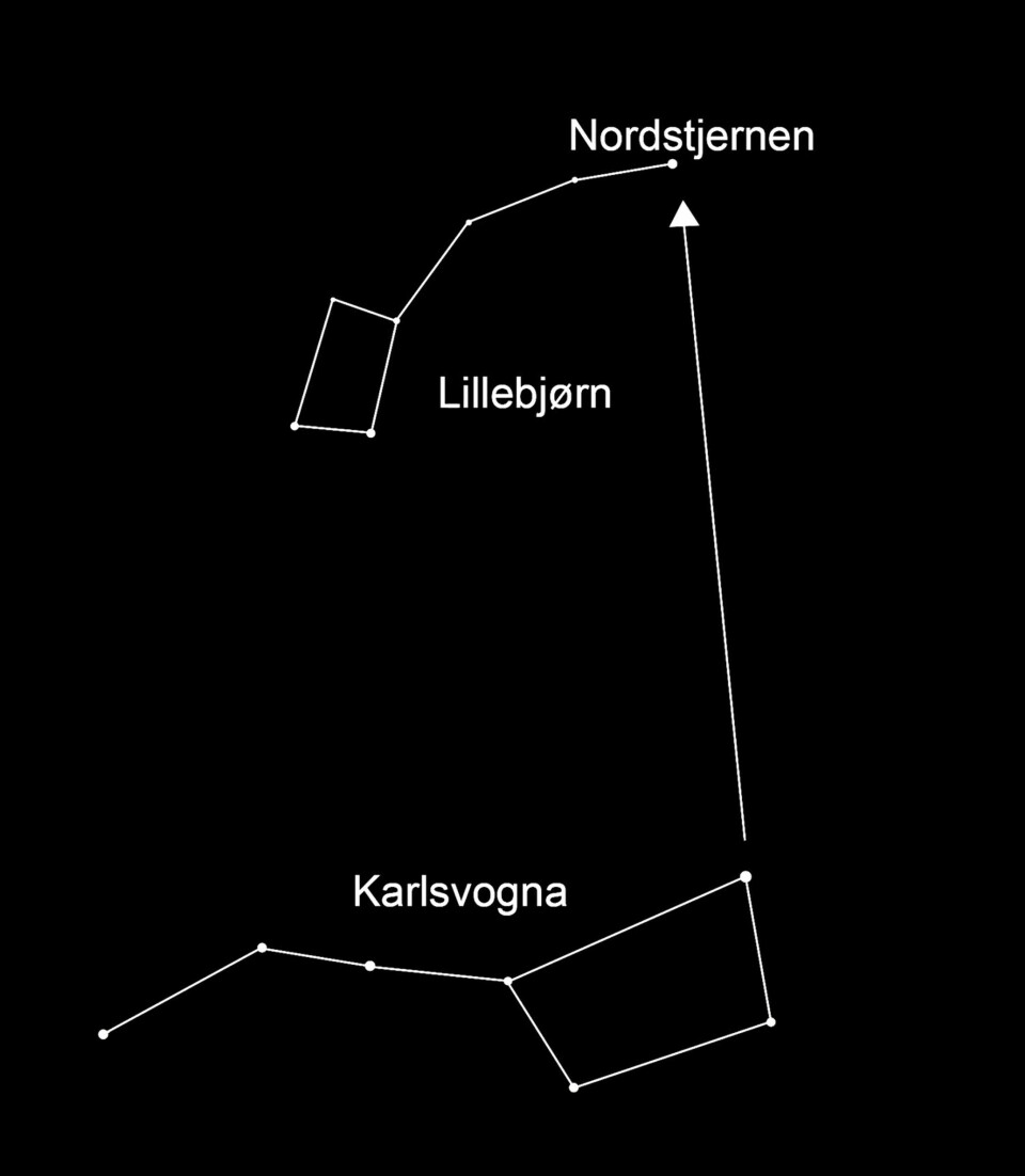 LILLEBJØRN: Nordstjernen ligger i stjernebildet Lillebjørn. En enkel måte å finne den på, er å ta utgangspunkt i Karlsvogna og måle rundt en håndsbredd med spredte fingre og strak arm.