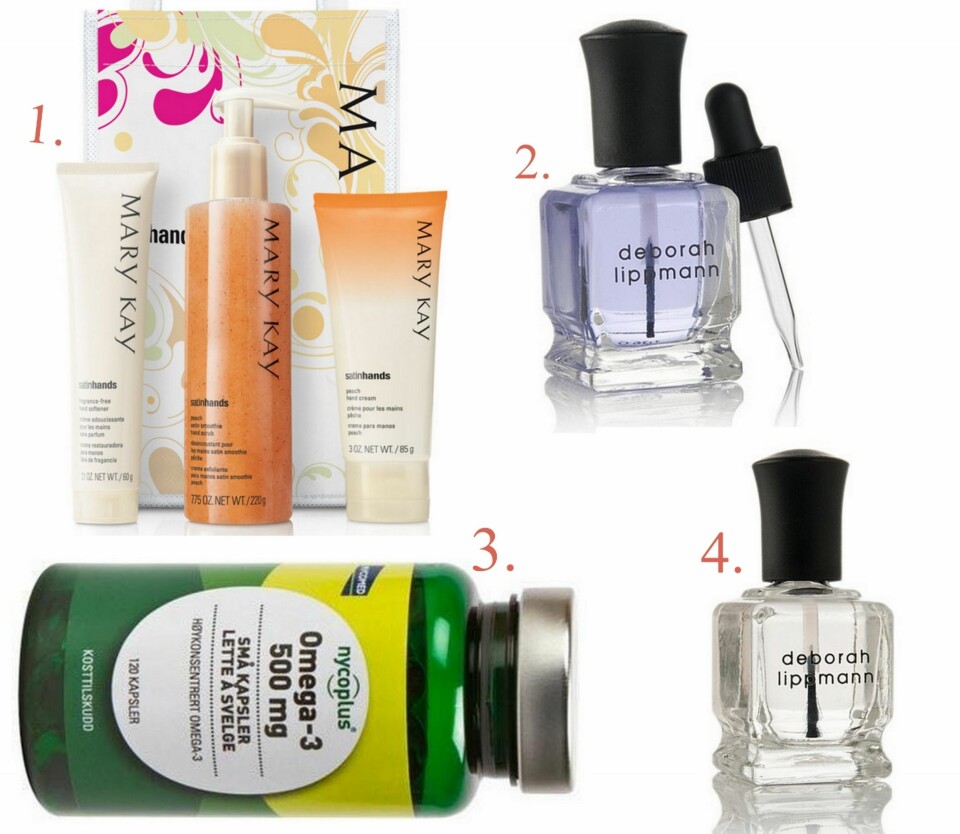 GODE PRODUKTER: 1. Peach Sating Hands Pampering Set fra Mary Kay (kr 799), 2. Cuticle Oil fra Deborah Lippmann (kr 199), 3. Omega 3 500mg fra Nycoplus (kr 87), 4. Hard Rock Hydrating Nail Hardener fra Deborah Lippman (kr 189).