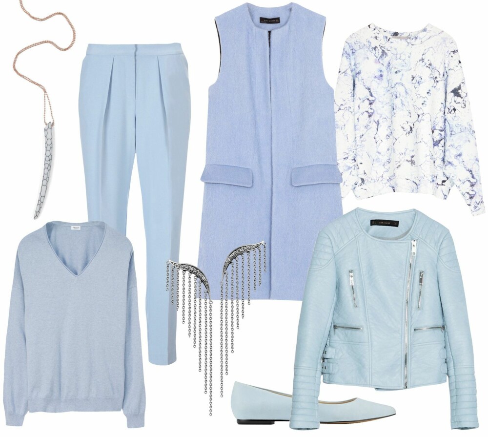 BABYBLÅTT: Øverst fra venstre: Smykke fra Bik Bok, kr 79. Dressbukse fra Gina Tricot, kr 349. Lang vest fra Zara, kr 799. Ørepynt fra Julie Sandlau, kr 1500. Genser med marmorprint fra Zara, kr 299. Genser fra Filippa K, kr 900. Ørepynt fra Julie Sandlau, kr 1500. Ballerinas fra Aldo, kr 499. Skinnjakke fra Zara, (i butikk snart). BABYBLÅTT: Øverst fra venstre: Smykke fra Bik Bok, kr 79. Dressbukse fra Gina Tricot, kr 349. Lang vest fra Zara, kr 799. Ørepynt fra Julie Sandlau, kr 1500. Genser med marmorprint fra Zara, kr 299. Genser fra Filippa K, kr 900. Ørepynt fra Julie Sandlau, kr 1500. Ballerinas fra Aldo, kr 499. Skinnjakke fra Zara, (i butikk snart).