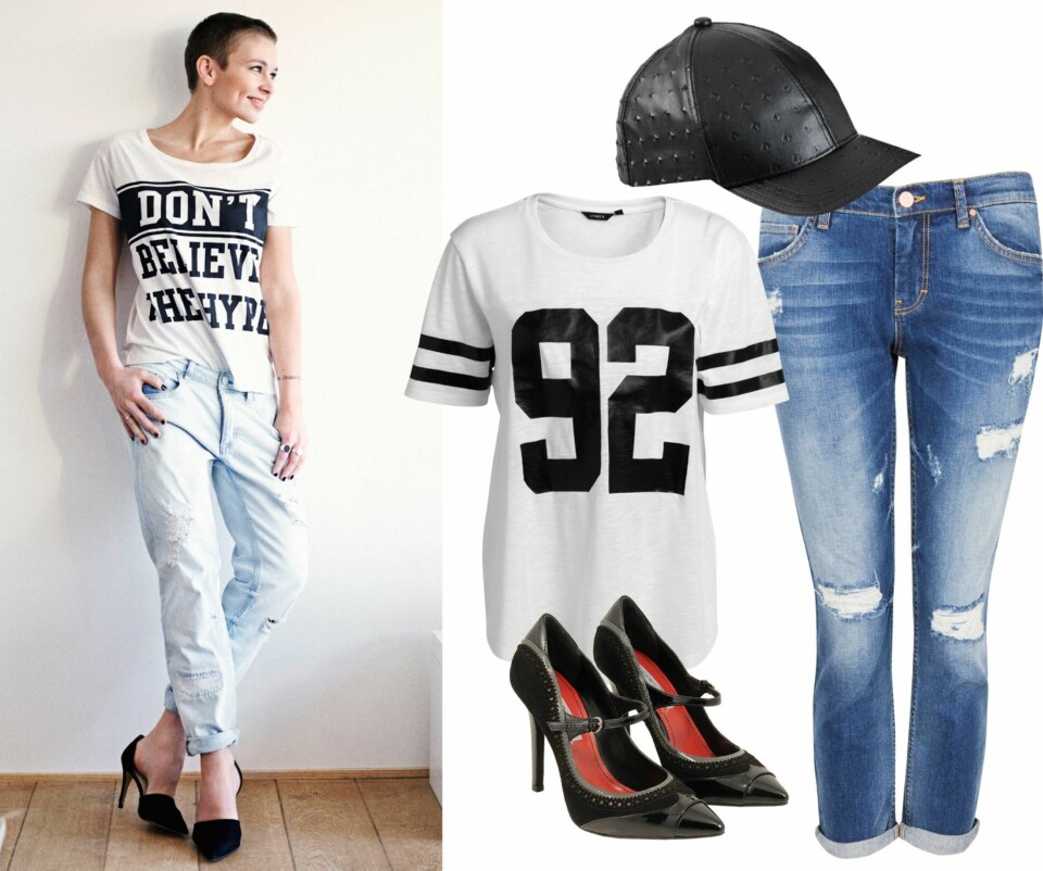 BOYFRIENDJEANSEN: Maries anterekk: Tomboyjeans fra Cubus, kr 399. T-skjorte fra Bik Bok, kr 199. Pumps fra Zara, kr 499. Enkeltprodukter til høyre: Caps i imitert skinn fra Mads Nørgaard, kr 400. T-skjorte fra Lindex, kr 199. Jeans fra Bik Bok, kr 599. Pumps fra Tosca Blu, kr 1599.