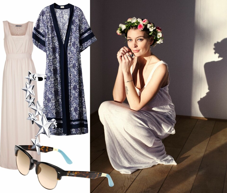 SOMMERKJOLEN: Maries antrekk: Kjole fra Line of Oslo, kr 1199. Blomsterkrans DYI (ca. kr 150-200). Enkeltprodukter til venstre: Kaftan fra H&M, kr 399. Hvit kjole fra Soaked in Luxury, kr 799. Earcruff fra Efva Attling, kr 1000. Solbriller fra Toms, kr 1399.