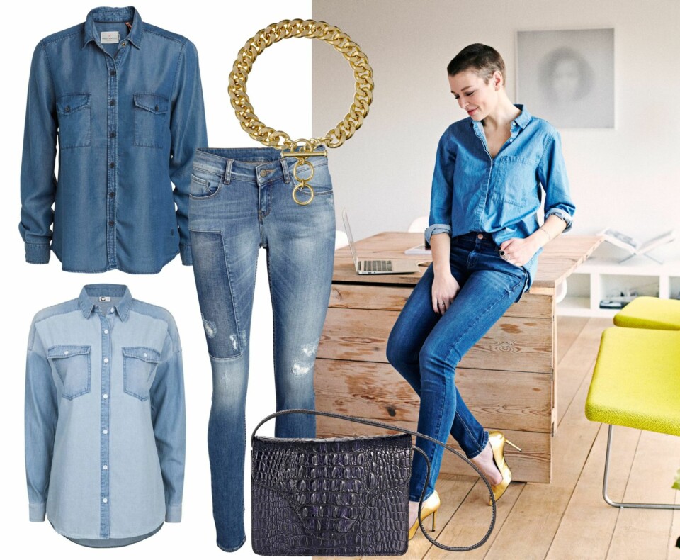 DOBBELDENIM: Maries antrekk: Slimjeans fra Cubus, kr 499. Denimskjorte fra Cubus, kr 299. Pumps fra Zara, kr 559. Enkeltprodukter til venstre: Skjorte fra Lindex, kr 399. Smykke fra Pilgrim, kr 199. Jeans fra Lindex, kr 499. Lys skjorte fra Cubus, kr 299. Veske fra Tosca Blu, kr 1999.