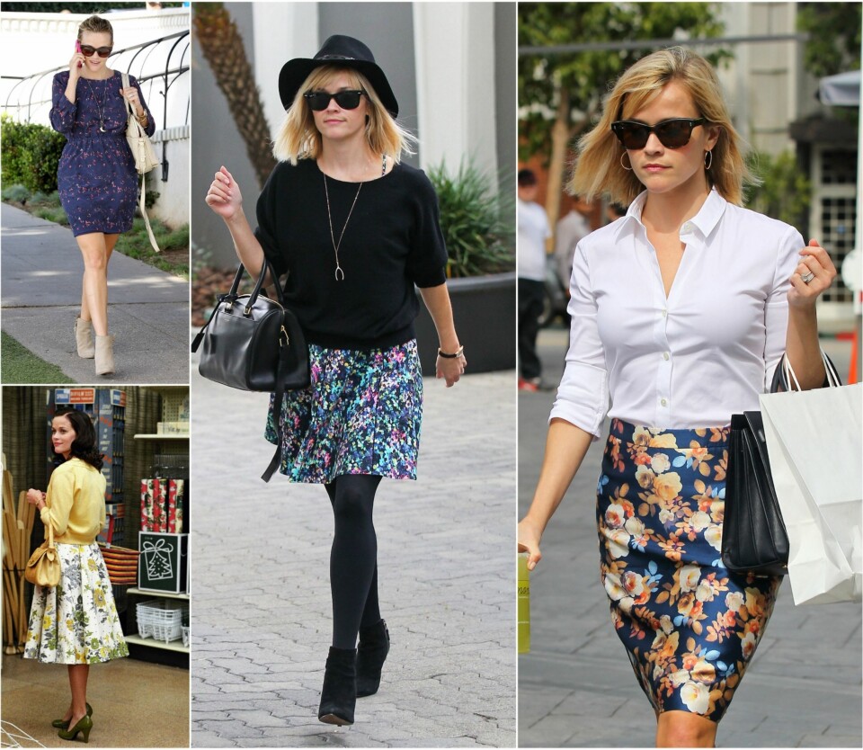 IKKE MIDDELALDRENDE: Freshe Reese Witherspoon (37) er ikke akkurat middelaldrende, men en hardtarbeidende mamma og skuespiller som virkelig har tatt blomsterprint til hjertet - spesielt etter at hun spilte June Carter i filmen 'Walk the Line'. Denne looken mestrer hun virkelig!