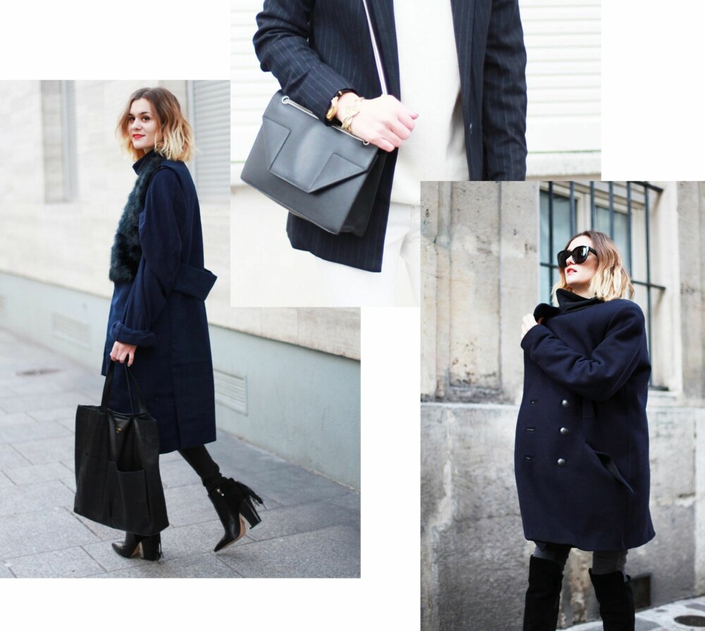 DEN PERFEKTE VESKEN: Den minimalistiske Betty Bag fra Saint Laurent er den perfekte vesken, og Anne-Laure har allerede to; en i svart skinn (på det øverste bildet) og en med mønstret stoff. Herrefrakken fra Isabel Marant x HM (nederst til høyre) er en annen favoritt. Hun likte snittet på den så godt at hun måtte snike den ut av kjærestens skap!