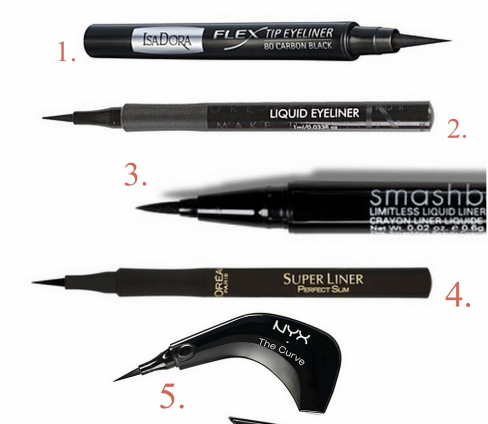 FELTTIP-EYELINER: 1. Flex Tip Eyeliner fra Isadora (kr 120), 2. Liquid Eyeliner fra Make Up Store (kr 145), 3. Limitless Liquid Liner Pen fra Smashbox (kr 170), 4. Super Liner Perfect Slim fra L'Oréal Paris (kr 119), 5. The Curve fra Nyx Cosmetics (kr 195).