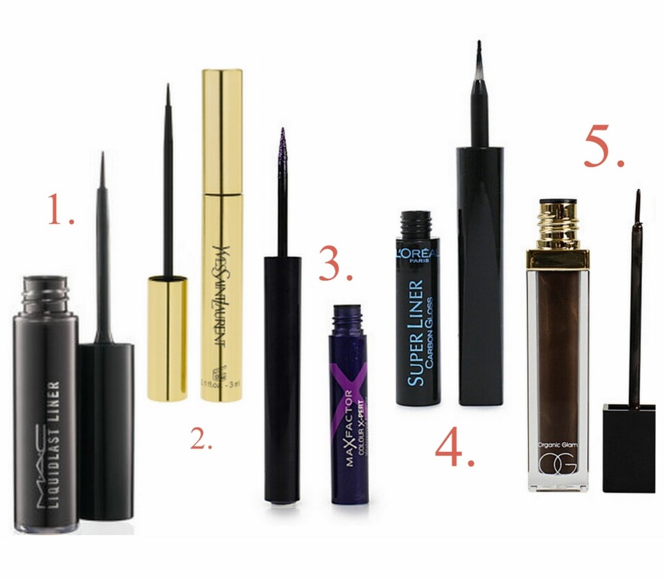 KLASSISK FLYTENDE EYELINER: 1. Liquidlast Liner fra MAC (kr 190), 2. L´eyeliner fra Yves Saint Laurent (kr 280), 3. Col Xpert Waterproof Eyeliner fra Max Factor (kr 105), 4. Superliner fra L'Oréal Paris (kr 119), 5. Liquid Eyeliner fra Organic Glam (kr 195).