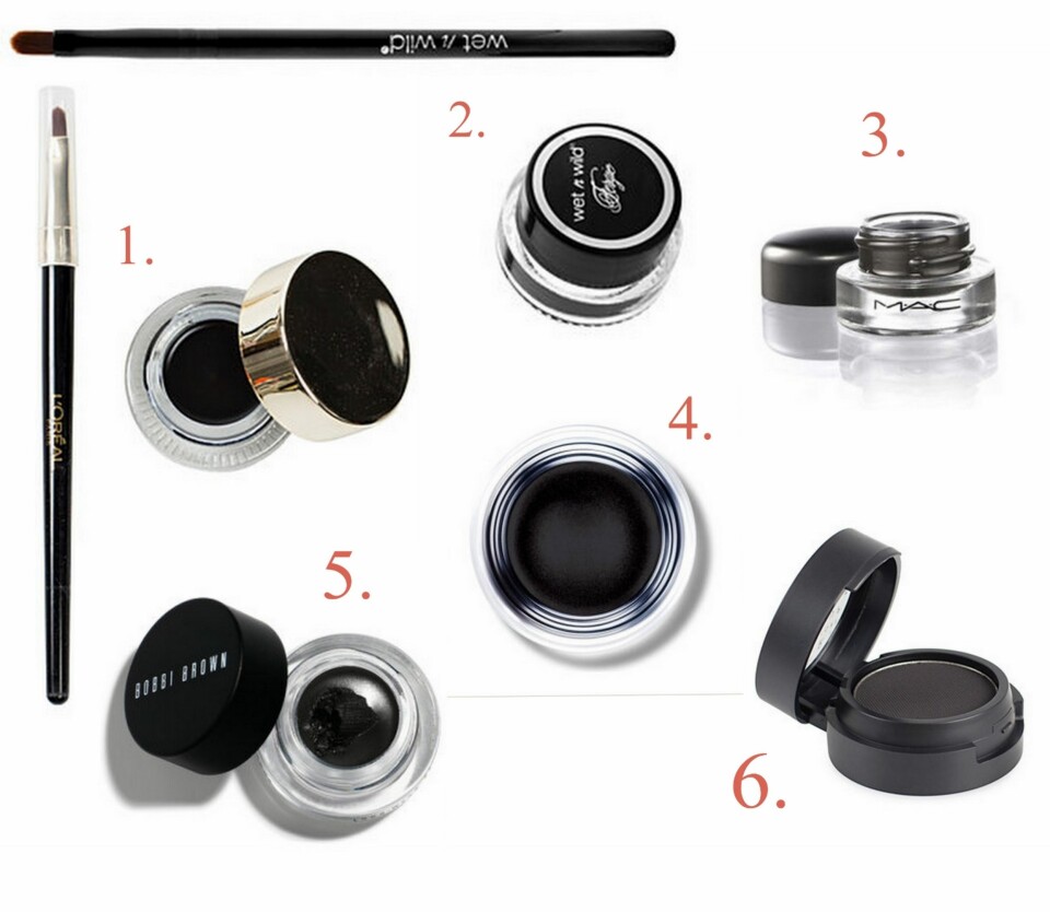 GEL-EYELINER: 1. Super Liner Gel Intenza fra L'Oréal Paris (kr 129), 2.Lasting Drama Cream Eyeliner fra Wet 'n Wild (kr 79), 3. Fluidline fra MAC (kr 160), 4. Jet Set Waterproof Eye Liner fra Smashbox (kr 160), 5. Long-Wear Gel Eyeliner (kr 225).
