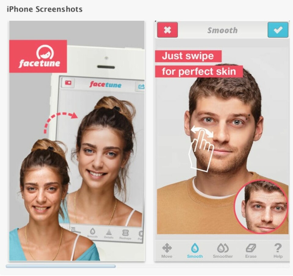 FACETUNE: Sjekk hvor mye penere du kan bli med bare et par små klikk. Denne appen kan slette ut rynker, bleke tenner og fjerner røde øyne.