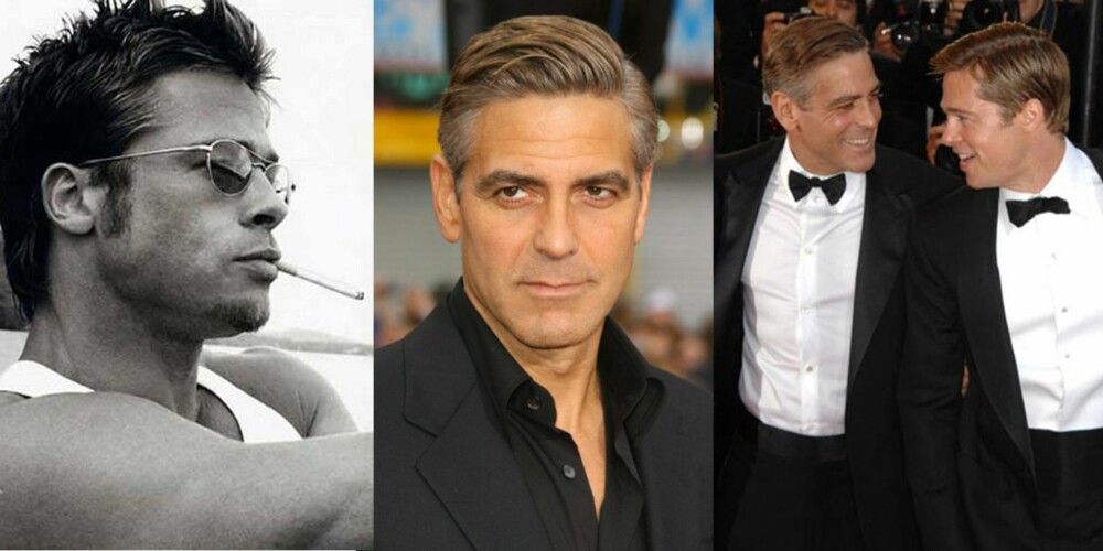 FLERE KLASSISKE EKSEMPLER: Brad Pitt og George Clooney har begge tydd til den klassiske sveisen ved flere anledninger. Enten den er stylet ryddig, som Clooney har gjort i midten og til høyre. Pitt går derimot for en røffere utgave av den klassiske sveisen helt til venstre.