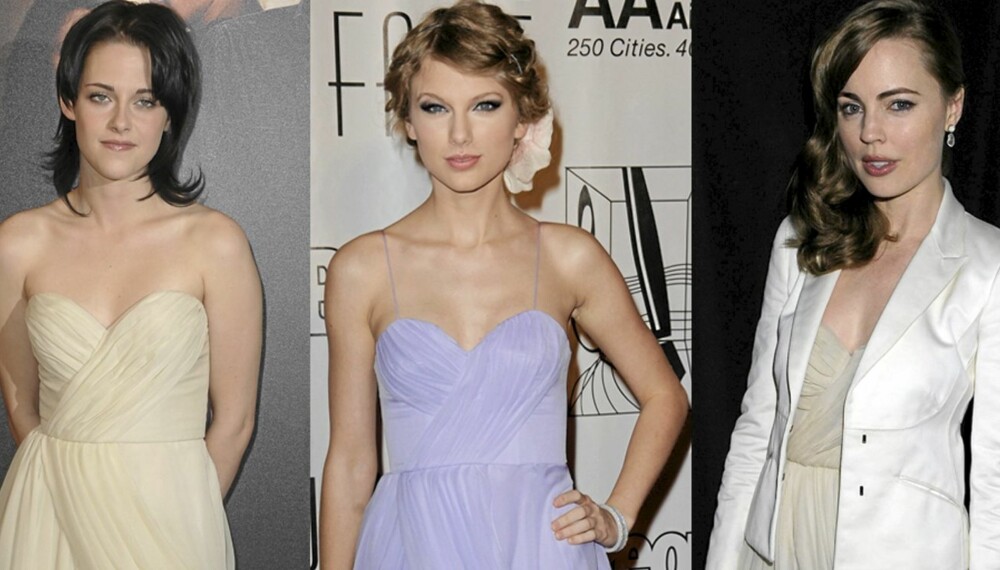 SAMME KJOLE: Kristen Stewart, Taylor Swift og Melissa George i samme designerkjole.