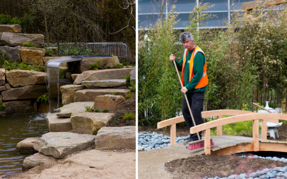 ARBEID FØR RO: Hver eneste sten er børstet, stiene feiet, og 'trappetrinnene' nennsomt plassert for at vi skal få det rette inntrykket. Mye arbeid ligger bak, og det jobbes intenst i timene før utstillingen skal åpne.