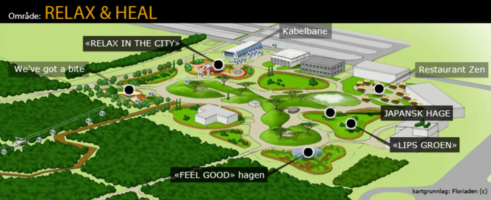 Oversikt over området Relax & Heal, en av fem tematiske områder i Floriade. Feel Good-hagen er et høydepunkt.