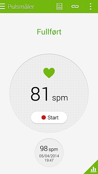 PULS: Ja, vi har puls.  Med Samsung Galaxy S5 i lomma, kan du måle pulsen din når du vil. Den kan også logges i S Health-appen, slik at du kan se pulsutviklingen din.