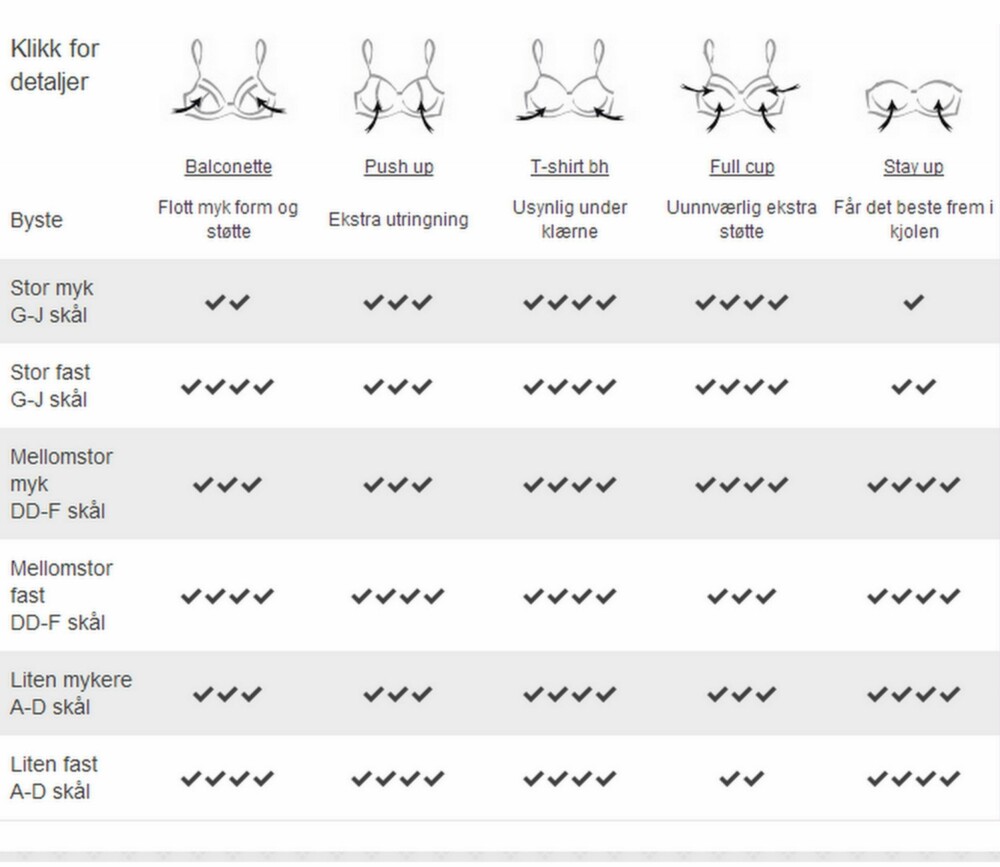 FINN RIKTIG BH: Før du begynner jakten på riktig type bh, kan det være lurt å ta en titt på oversikten over hvilken bh som passer best med forskjellige typer bryst.