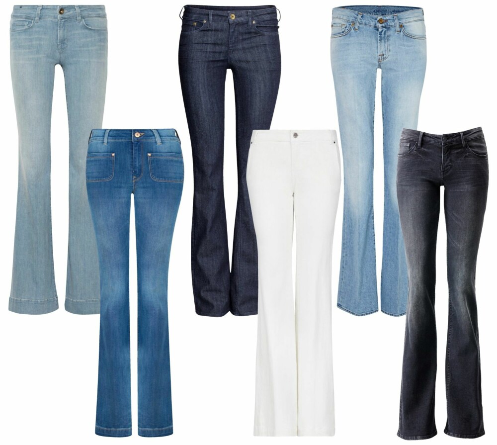 SLENG: Øverst fra venstre: J. Brand, kr 3150. H&M, kr 399. 7 for all man kind, kr 1750. Nederst fra venstre: Mango, kr 349. Mango, kr 349. H&M, kr 399. SLENG: Øverst fra venstre: J. Brand, kr 3150. H&M, kr 399. 7 for all man kind, kr 1750. Nederst fra venstre: Mango, kr 349. Mango, kr 349. H&M, kr 399.