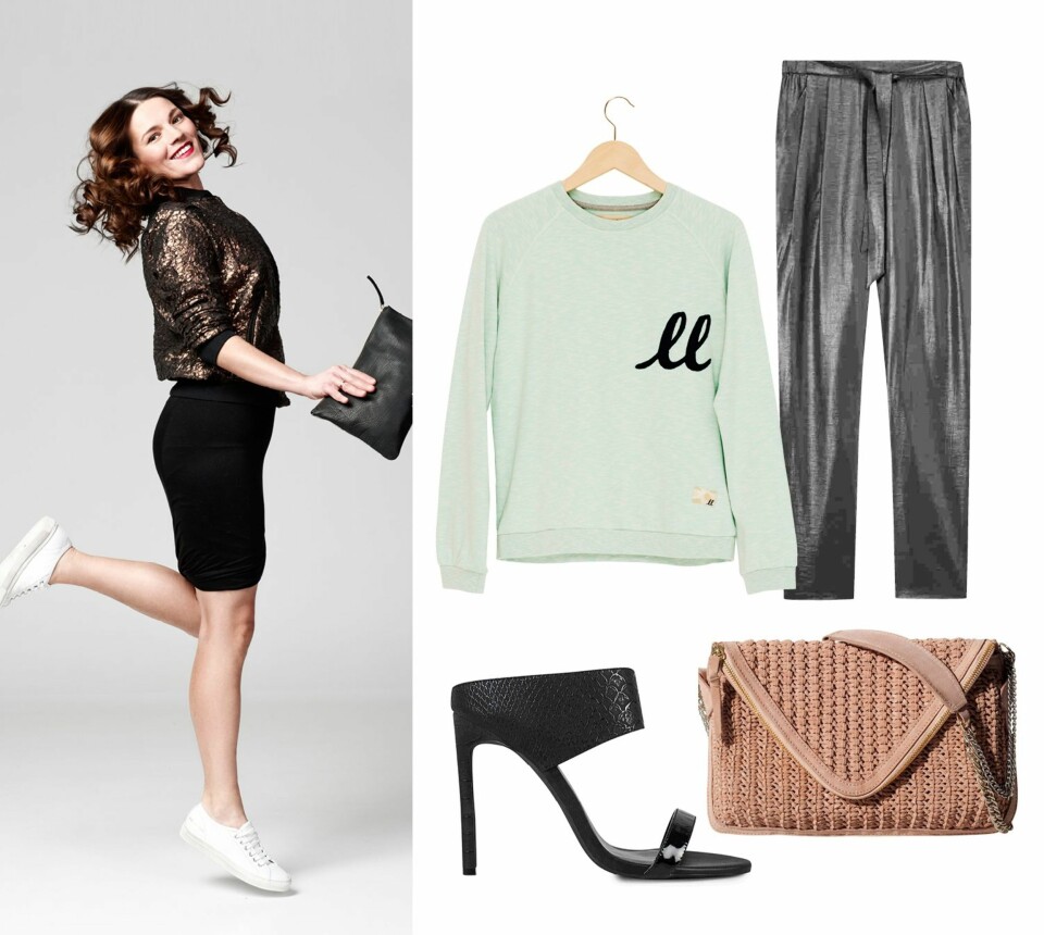METALLISK: Genser fra Libertine-Libertine, kr 799. Bukser fra Filippa K, kr 1799. Veske fra Zara, kr 959. Høye sandaler fra Nelly, kr 399.
Donika har på seg: Jakke fra Diesel, kr 1999. Veske fra Day Birger et Mikkelsen, kr 745. Sko fra Woman by Common Projects, kr 2199. Topp fra H&M kr 100.