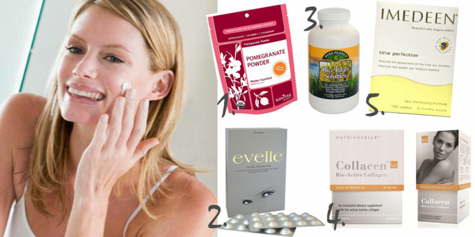 SPIS DEG VAKRERE: 1. Pomegranate Powder fra Navitas Naturals, kr 229, div. helsekostbutikker. Supermatpulver med granateple som sies å ha betydning for å holde huden ung og sunn. Antioksidanter og C-vitaminer beskytter mot nedbrytning av celler. 2. Evelle, kr 469, Vita. Norges mestselgende kosttilskudd for hud, hår og negler. 3. Rice Bran Solubles, kr 394, Supernature. Pulverblanding som sies å skulle motvirke stress, og beroliger hud og vev. Regenererer hude fra innsiden og antioksidanter som beskytter mot frie radikaler. 4. Nutrinovelle Collacen, kr 479, Sunkost. Reduserer hudens aldringstegn, tilfører fuktighet og forbedrer elastisitet i huden, styrket negler og hår. 5. Imedeen Time Perfection, kr 770, helsekostbutikker og parfymerier. Lover å skulle minske fine linjer, hjelper huden å holde på fukt og beskytter mot UV stråler.
