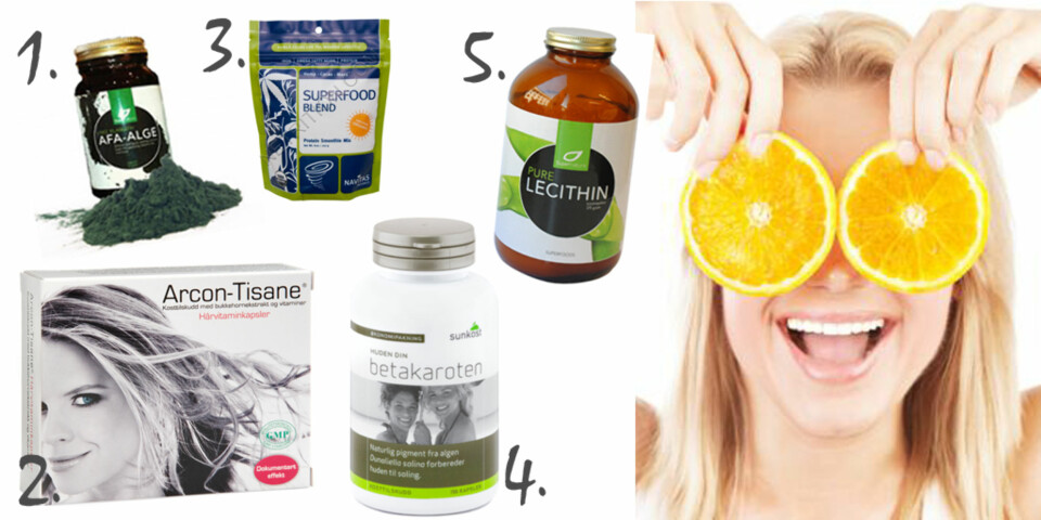 REDD HUDEN FRA INNSIDEN: 1. AFA-alge, kr 300, Supernature.no. Algen har et høyt innhold av vitaminer, b-vitaminer, antioksidanter, mineraler, kalsium, magnesium, jern og sink 2. Arcon Tisane hårvitaminkapsler, kr 359, Vita. Kapslene inneholder vitaminer og bukkehornsekstrakt, og sies å både skulle gi håret næring, gjøre det sterkere og motvirke håravfall. 3. Superfood blend, ca. kr 190, Navitasnaturals.com. Inneholder knuste goji- og acaibær, i tillegg til granateple. Rik på vitaminer, mineraler og antioksidanter. 4. Betakaroten, kr 120, Sunkost. Tilskudd som kan brukes som forberedelse til soling for å gi jevn varende farge. Inneholder vitamin A og flere karotenoider. 5. Pre Lecithin, kr 369, Supernature. Lecithin spiller en sentral rolle i cellenes regeneresingsprosess.