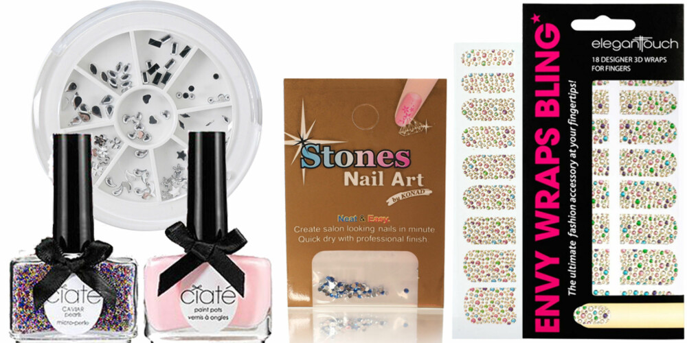 3D-lakk: Ciate Caviar Manicure Set (kr 199), Konad Stones Nail Art (kr 35), Envy Wraps Bling (kr 72), Viva La Diva (kr 79).