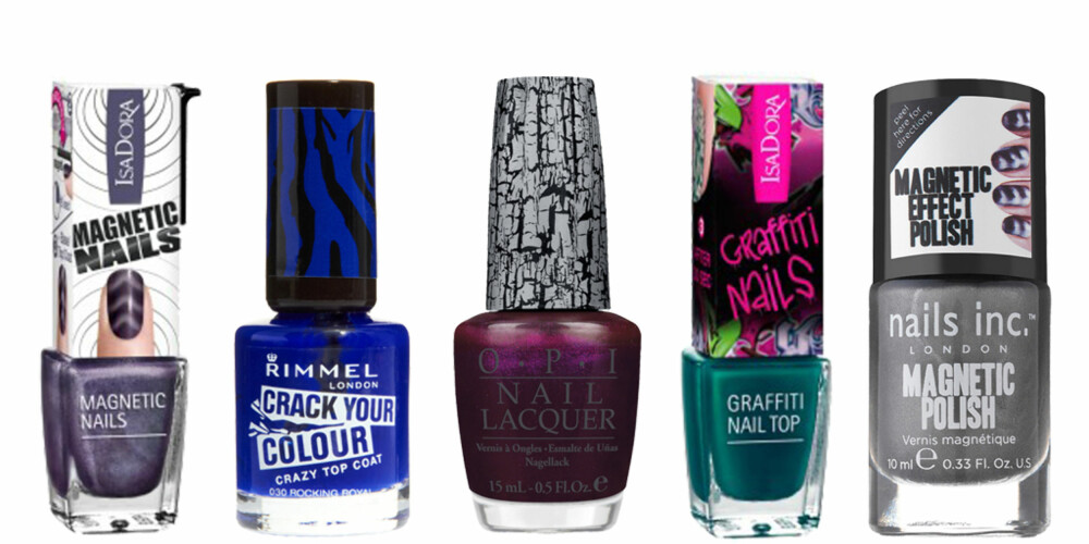 EFFEKTLAKK: Isadora Magnetic Nails (kr 79), Rimmel Crack Your Colour (kr 50), OPI Nail Lacquer (kr 150), Isadora Graffiti Nail (kr 79), Nail Inc Magnetic Polish (kr 150).