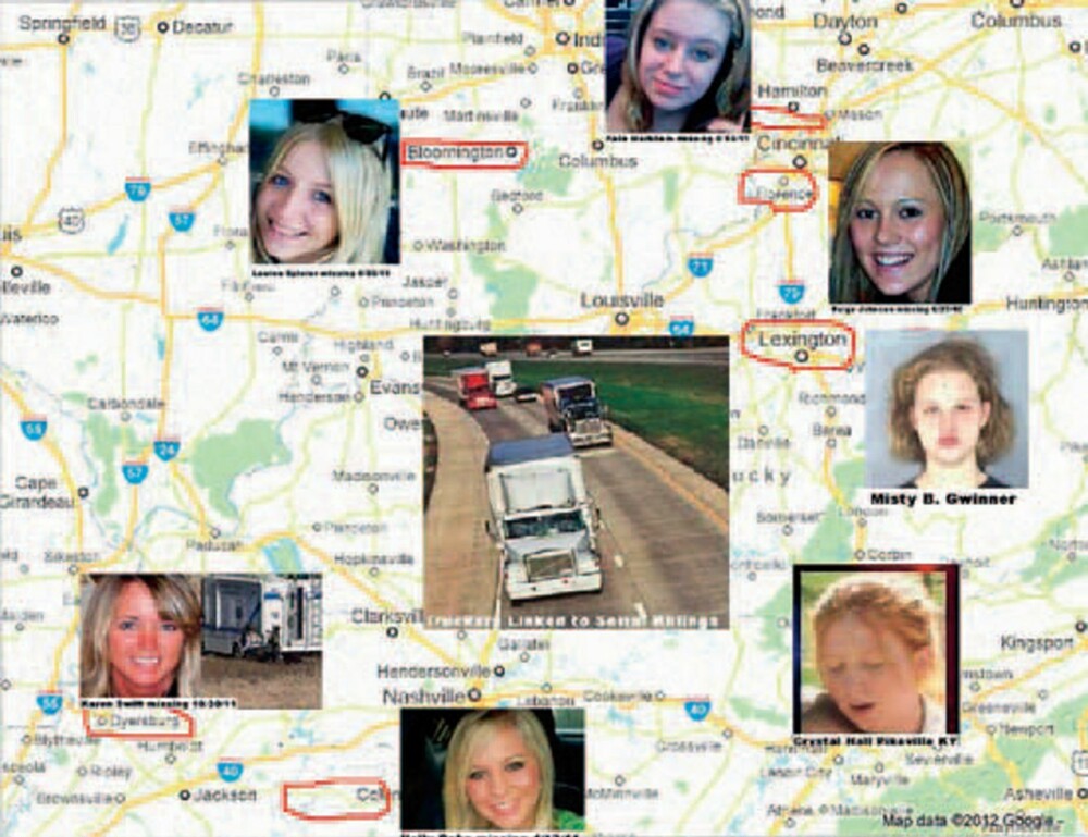 Kartet viser hvor Robert Ben Rhoades kjørte med sitt torturkammer. Jentene på bildet er noen av mange «cold cases» politiet prøver å knytte til Rhoades.