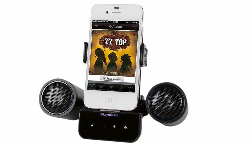 MINISTEREO: Ozzo Transformer er et lite stereoanlegg for iPhone. Dokkinghøyttalerene har batteri og kan også lade telefonen når den er dokket.