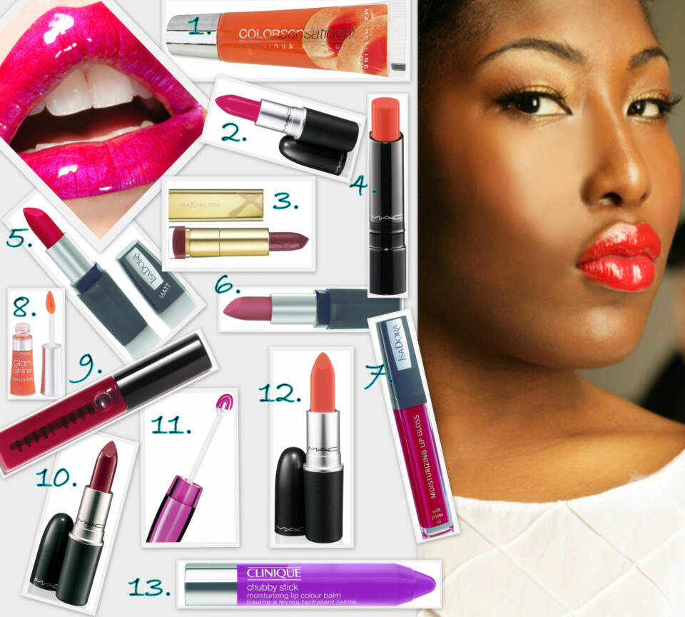 STERKE FARGER: 1. Color Sensational Luscious Lipgloss i fargen 410 fra Maybelline (kr 120), 2. Lipstick i fargen Girl About Town fra MAC (kr 175), 3. Colour Elixir Lipstick i fargen Midnight Mauve fra Max Factor (kr 135), 4. Sheen Supreme Lipstick i fargen Gotta Dash! fra MAC (kr 175), 5. Perfect Matt Lip i fargen 03 fra IsaDora (kr 139), 6. Perfect Matt Lip i fargen 01 fra IsaDora (kr 139 ), 7. Moisturizing Lip Gloss i fargen 22 fra IsaDora (kr 129), 8. Glam Shine Reflexion i fargen 174 fra L'Oréal Paris (kr 130), 9. Sheer Color Gloss i fargen Sailor fra Bobbi Brown (kr 225). 10. Lipstick i fargen Diva fra MAC (kr 175), 11. Super Stay Tint Gloss i fargen Lasting Pink fra Maybelline (kr 119), 12. Lipstick i fargen Morange fra MAC (kr 175), 13. Chubby Stick i fargen Voluptuous Violet fra Clinique (kr 190). FOTO: Stockbyte og produsentene.