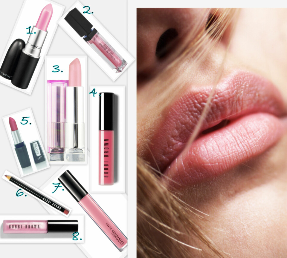 ROSA LEPPER: 1. Lipstick i fargen Saint Germain fra MAC (kr 175), 2. Light'N Shine Lip Glaze i fargen 04 fra Gosh (kr 69- tilbud hos Vita.no), 3. Color Sensational Lipstick i fargen 109 fra Maybellina (kr 129), 4. Lip Gloss i fargen Angel Pink fra Bobbi Brown (kr 225), 5. Perfect Matt Lip i fargen 01 fra IsaDora (kr 139 ), 6. Creamy Lip Liner i fargen Mauve fra Bobbi Brown (kr 175), 7. Cremesheen Glass i fargen Fashion Scoop fra MAC (kr 190), 8. Shimmer Lip Gloss i fargen Pink fra Bobbi Brown (kr 225). FOTO: Stockbyte og produsentene.